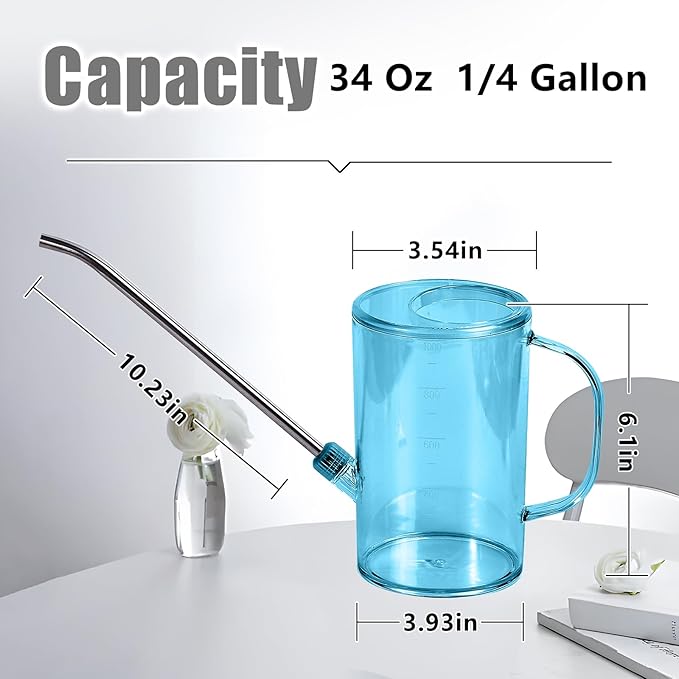Plastic Watering Can - Small with Long Spout - 1/4 Gallon - 34 Oz - Blue