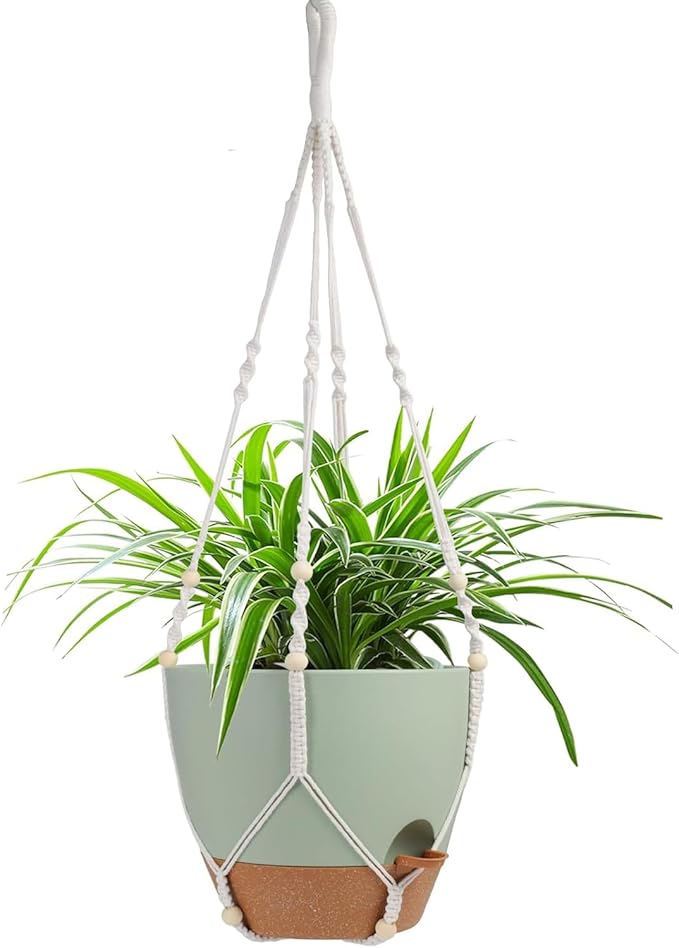 Vanslogreen 41.5 Inch Macrame Plant Hanger Indoor Outdoor with 12 Inch Flower Pot, Hanging Planter for Plants Holder with Wood Beads for Boho Home Decor (Ivory+Green)