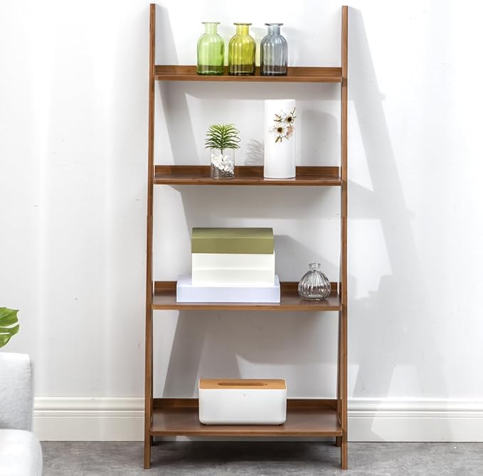Maydear Bamboo Ladder Shelf Bookcase, 4-Tier Leaning Bookshelf Free Standing Organizer Storage Shelves for Living Room, Bedroom, Kitchen, Home Office, Balcony (Dark Walnut)