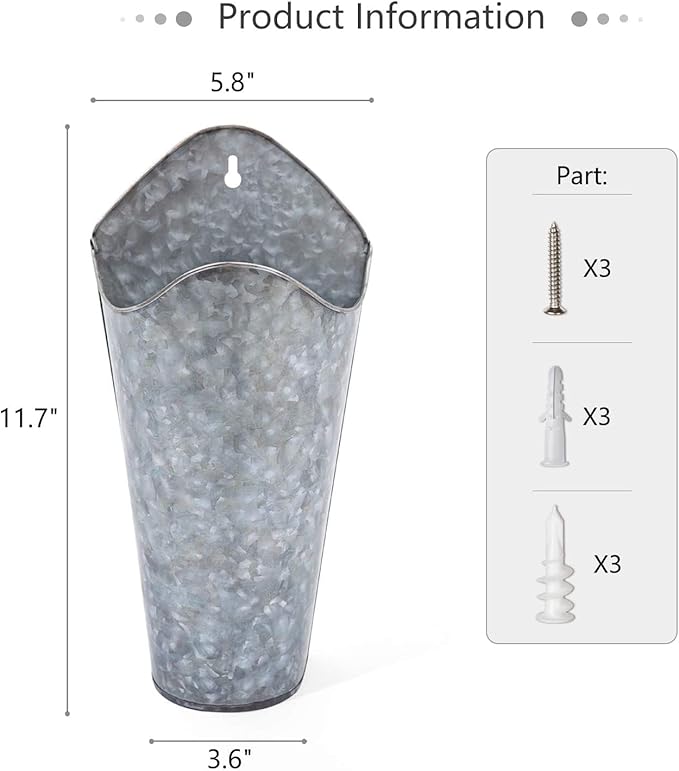 Mkono Galvanized Metal Wall Planter Farmhouse Wall Vase for Artificial Plants Flowers, Rustic Hanging Fake Flowers Holder Country Home Bedroom Living Room Decor Set of 2, Silver, Small