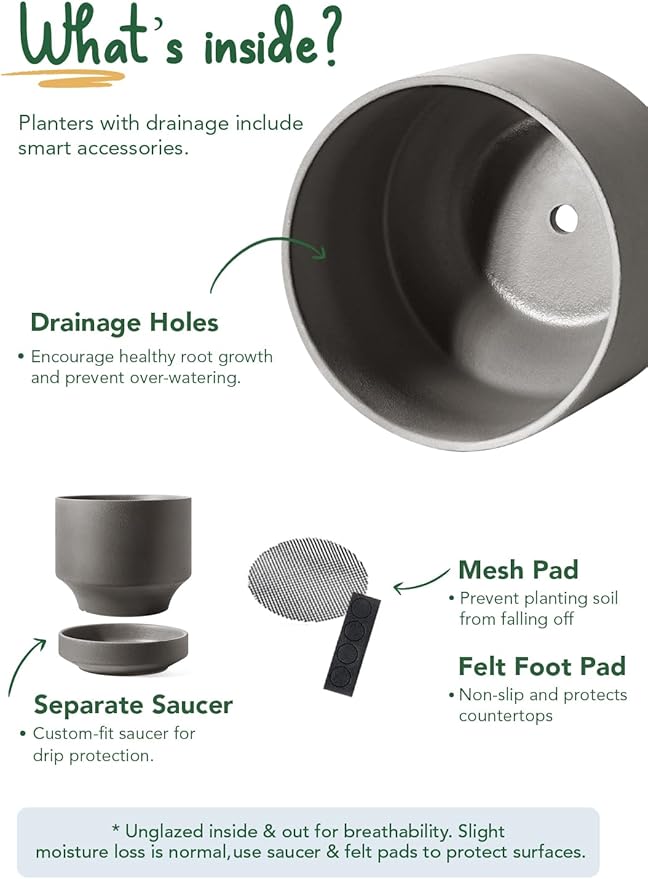 LE TAUCI 12 Inch Pot for Plants with Saucer, Ceramic Indoor Planter Pot with Drainage Hole, Mesh Pad Included, Unglazed Porous Ceramic, Modern for Home and Office, Charcoal Gray