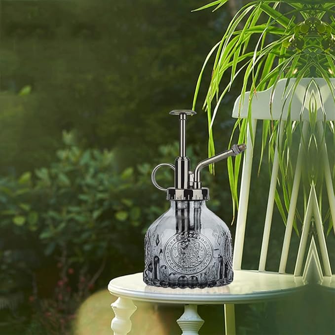 Glass Plant Mister Spray Bottle Indoor Watering Can 6.4inch Tall with Bronze Plastic Top Pump Vintage Small Plant for Outdoor Garden Succulent Flower (Gray)