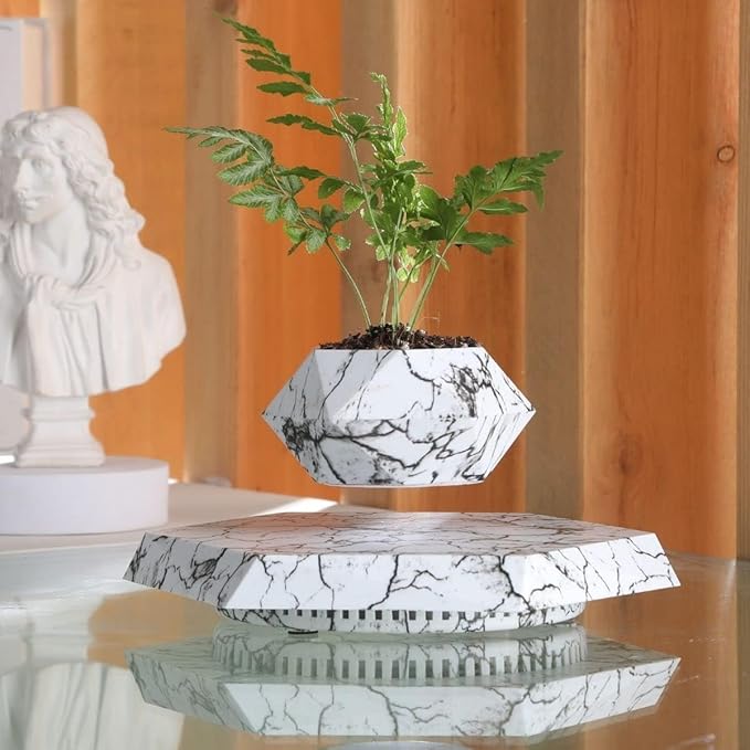 LMingKun Levitating Plant Pot - Floating Plant Pot for Small Plants. Levitating Decor for Home & Office Magnetic Floating Levitating Display (Imitation Marble)
