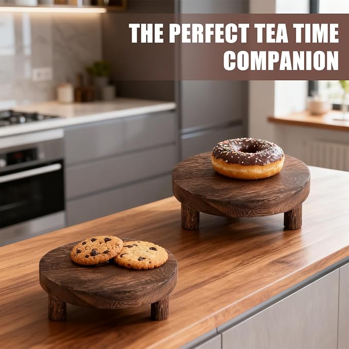 2 Pack Wood Riser Set, 7.8 Inch Natural Wooden Display Stand for Plants Candles Jewelry, Sturdy Elevated Plant Stand with Foot Pads for Kitchen Living Room Bathroom, Rustic Home Decor Gift (Dark Brown)