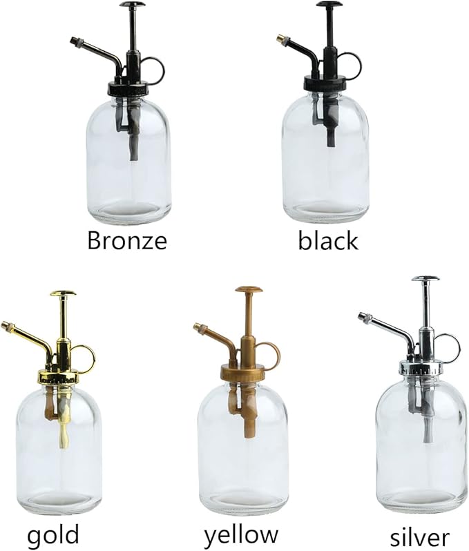 Flueyer 2 Pack Glass Plant Mister Spray Bottle, 7.7 inch Tall Vintage Plant Spritzer Watering Can with Bronze Plastic Top Pump Small Sprayer Bottle for Watering Indoor Outdoor Plants