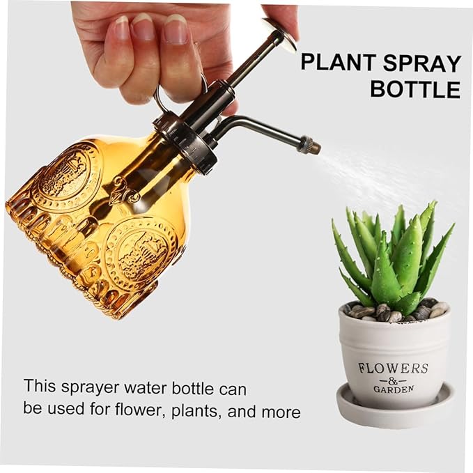 GALPADA Retro Embossed Glass Water Spray Can Manual Pump Misting Bottle for Houseplants Garden and Florals Lightweight Refillable and Portable Spray for Enhanced Plant Humidity Light Brown