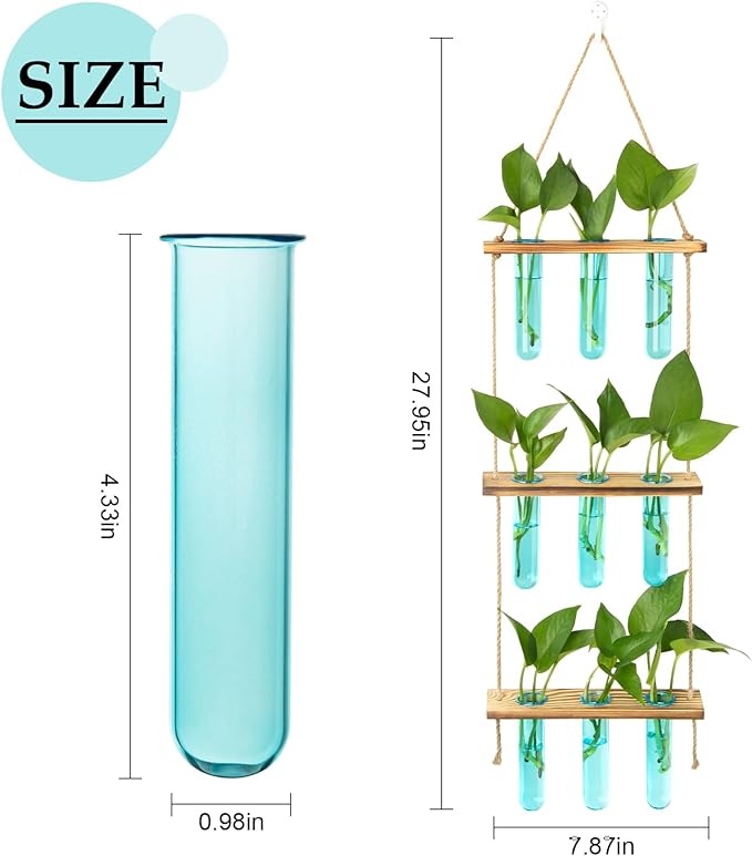 XXXFLOWER Wall Hanging Propagation Station with Wooden Stand 9 Test Tubes Vases Tiers Planters Wall Terrarium for Home Office Plant Hanger Flower Vases Wall Decor Hydroponic Cuttings(Blue)