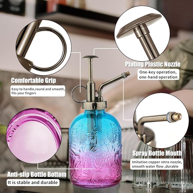 35 oz/1000 ml Metal Indoor Small Watering Can with Long Spout for House Plants Decorative, 12 oz/360 ml Glass Plant Mister Spray Bottle for Bonsai Garden Flowers