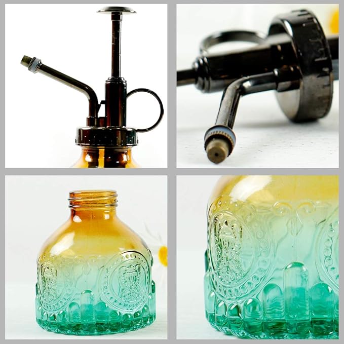 Hniuyun Glass Plant Mister Spray Bottle, 6.4 All Vintage Spritzer, Bronze Plastic Top Pump, Plant Mister Watering Garden Tool (Yellow Green Gradient)