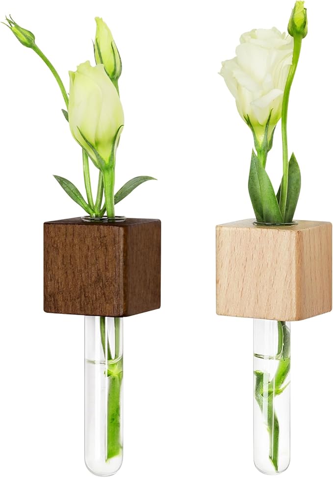 Magnetic Test Tube Flower Vases for Refrigerator, Set of 2 Wooden Fridge Magnet Planters with Glass Tubes – Light & Dark Wood Color, Propagation Station for Hydroponic Display (No Plant Included)