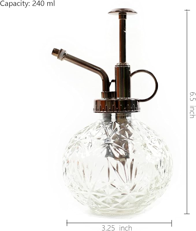 Hniuyun Glass Plant Mister Spray Bottle, 6.5inch Tall Vintage Round Spritzer with Bronze Plastic Top Pump for Watering Your Garden (Clear)