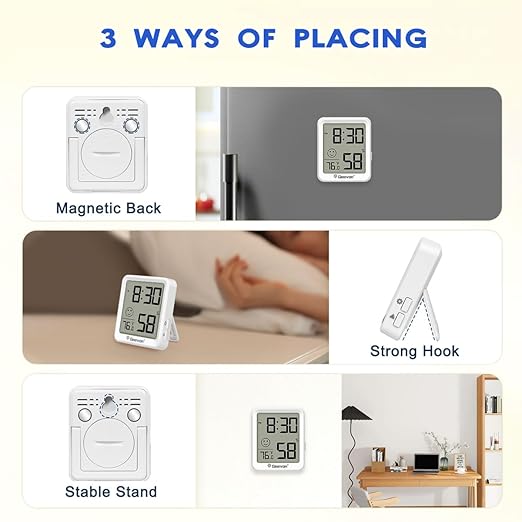 Geevon 4Pack Mini Indoor Thermometer Hygrometer with Comfort Indicator, Room Temperature & Humidity Monitor with Time Display, °C/°F & 12/24H