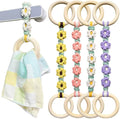 4 Pcs Daisy Flower Macrame Towel Holder Ring, Crochet Hanging Kitchen Dish Towel Holder, Handmade Kitchen Towel Hanger with Wood Hanging Loop for House Oven Stove Door