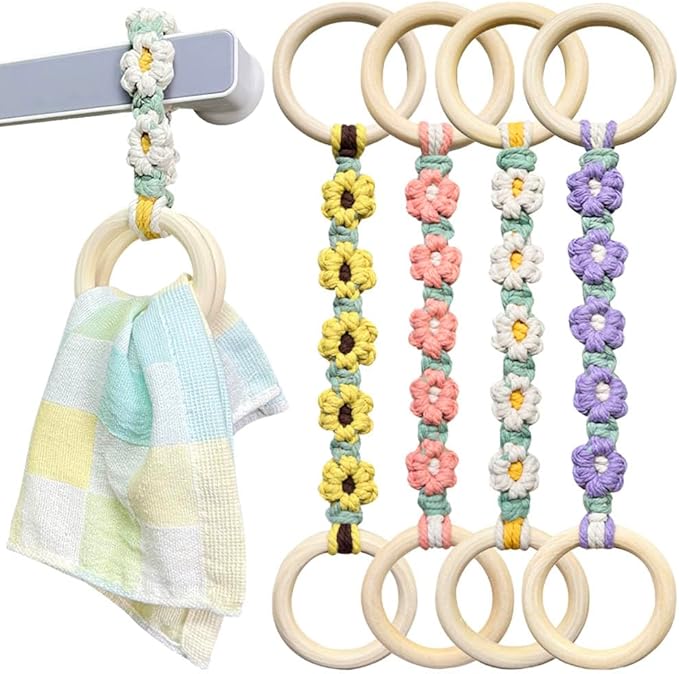 4 Pcs Daisy Flower Macrame Towel Holder Ring, Crochet Hanging Kitchen Dish Towel Holder, Handmade Kitchen Towel Hanger with Wood Hanging Loop for House Oven Stove Door