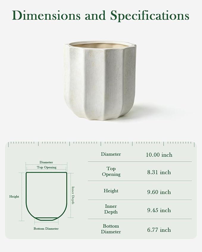 10 Inch Plant Pot – Ceramic Planter with Drainage Hole & Removable Drain Plug, Decorative Flower Pot for Indoor Outdoor Plants, Modern Round Large Planter, Cream White