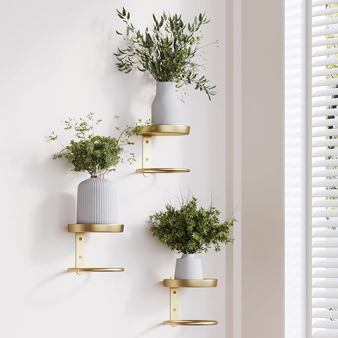 Metal Wall Plant Holder for Indoor Plants, Modern Stylish Wall Decor, Space-Saving Vertical Shelf for Home, Garden & Office 3 Pack Gold