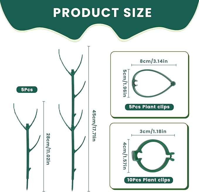 Decorative Stackable Twig, Plant Support Frame & Cage Support Rings, Plant Holder Stick with Clamps, Twig Trellis with 5 Poles for Indoor Outdoor, Potted Plants Flower Climbing Plants ﻿ (Green（B)