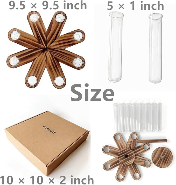 Plant Terrarium Propagation Stations, Clear Glass Flower Vases, Wooden Stand Retro, Hydroponics for Home Office Decoration, Dining Table Centerpiece - 8 Glass Tubes Vases