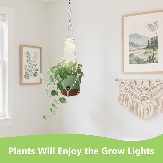 Hanging Planters for Indoor Plants: 2 Pack Macrame Plant Hangers with Grow Lights and Self-Watering Pots, Large Hanging Pots with Drainage Holes & Removable Tray（10in Green Pot, Daylight Spectrum）