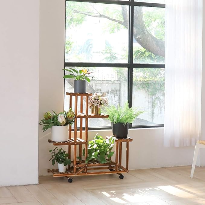 unho Plant Stand with Wheels: 6 Tiered Wooden Shelf Rolling Storage Rack Holder for Patio Garden Livingroom Balcony Yard Indoor Outdoor Display Potted Flowers Succulents Herbs