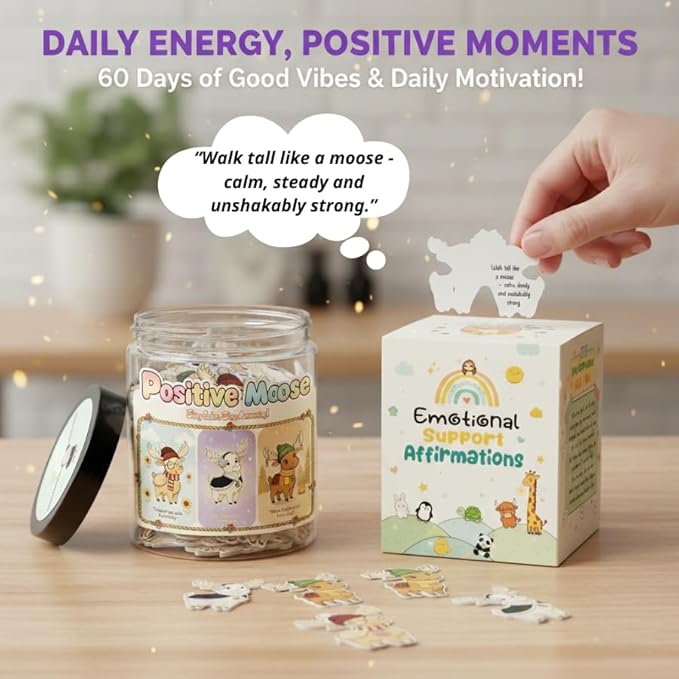Positive Christmas Moose Jar with 60 Daily Affirmation Cards, Funny Emotional Support Gift for Men and Women, Cozy Christmas Gifts for Coworkers Teachers and Friends, Holiday Home or Office Decor