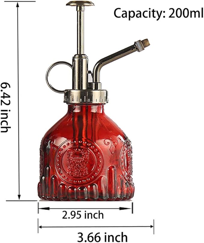 Plant Mister Glass Spray Bottle Small Plant Watering Can 6.4" Tall Retro Indoor Watering Can Bronze Plastic Top Pump for Garden Indoor Plant Sprayer (Red)