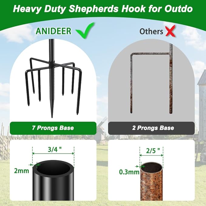ANIDEER 60" Shepherds Hooks for Outdoor, Heavy Duty Bird Feeder Pole for Hummingbird Feeder, Hanging Lantern, Shepherds Hook for Bird Feeders for Outside with 7 Prongs Base,1 Pack