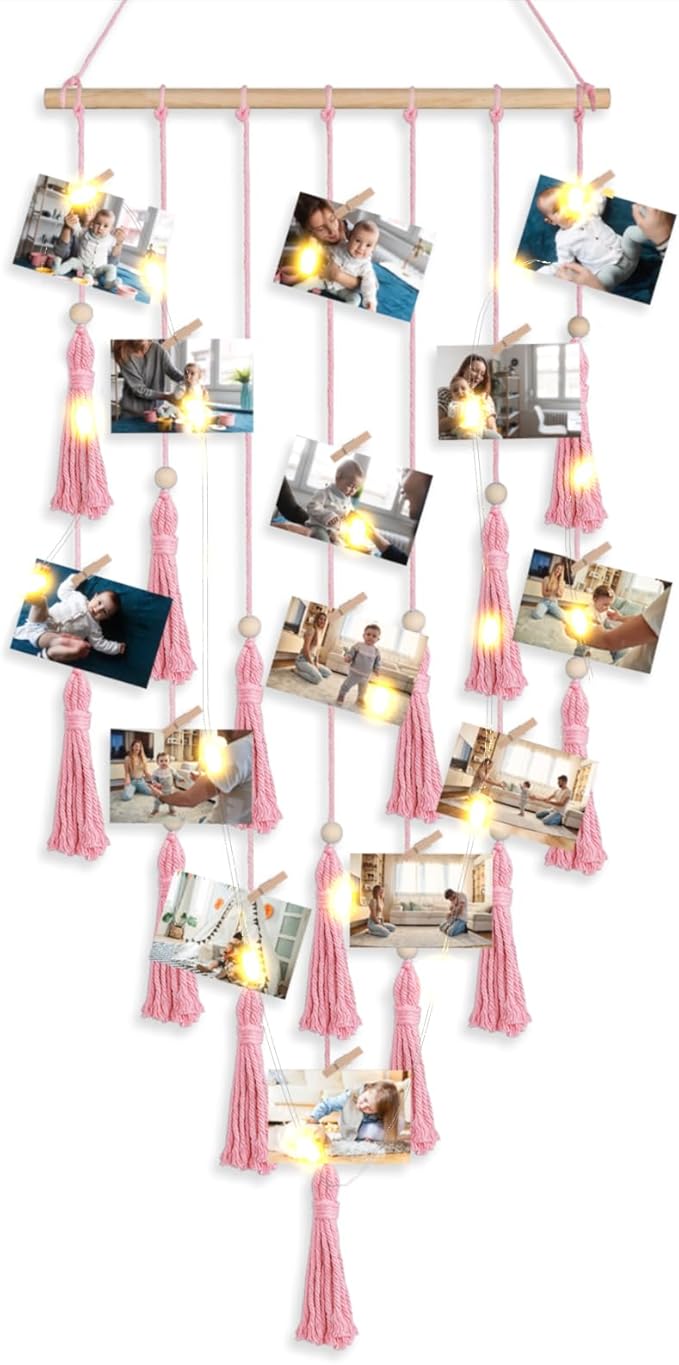 ANROYE Macrame Hanging Photo Display, Picture Holder with 30 Clips for Bedroom Wall, Polaroid Boho Gallery Hangers with LED Light String, Room Decor Gifts for 10 11 12 13 14 Year Old Teen Girl