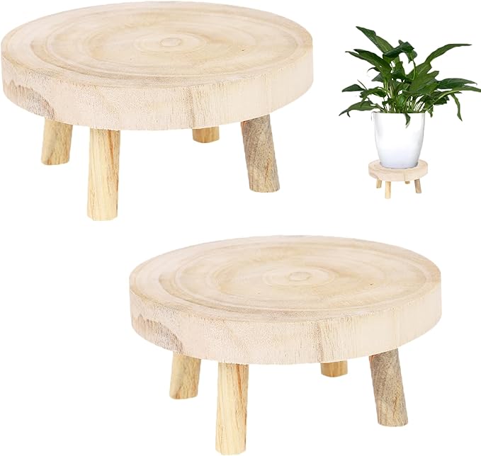 2Pcs Small Wooden Stools for Plants, Wood Stool Plant Stand, 8inch Solid Wood Garden Plant Pot Riser, Mini Round Flower Display Stand Plant Holder Indoor for Home Bonsai Potted Decor (Beige)