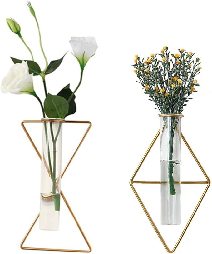 2 Pack Nordic Gold Wall Vase,Hanging Geometric Metal Vase Hydroponic Planter,Wall-Mounted Glass Tube Bud Vase Decorative for Centerpieces Wedding Home Decor(Gold 11)