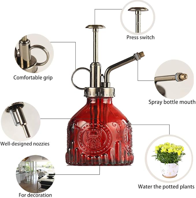 Plant Mister Glass Spray Bottle Small Plant Watering Can 6.4" Tall Retro Indoor Watering Can Bronze Plastic Top Pump for Garden Indoor Plant Sprayer (Red)