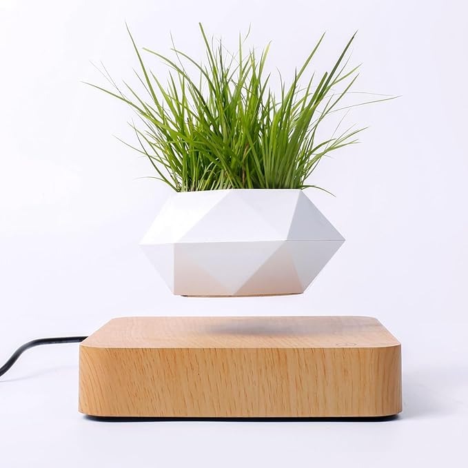 Levitating Plant Pot, Magnetic Floating Planter Levitating Plant 360° Auto Rotating Display for Bonsai, Air Plants Mini Flowers Cool Floating Desk Decor for Office, Living Room (Light Brown)
