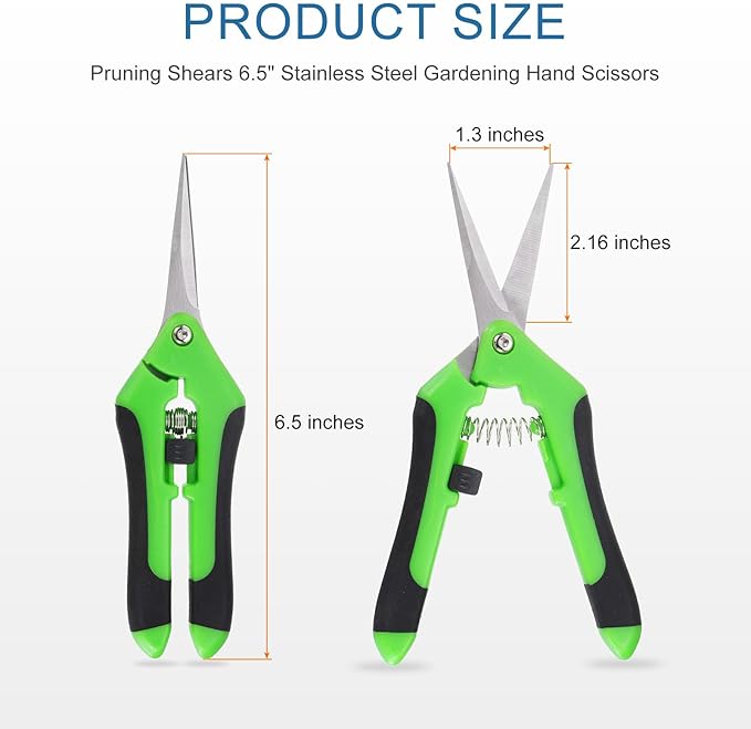 HARFINGTON Pruning Shears 6.5" Stainless Steel Gardening Hand Scissors with Straight Precision Blades & Lock Garden Clippers for Cutting Flowers Trimming Plants, Green