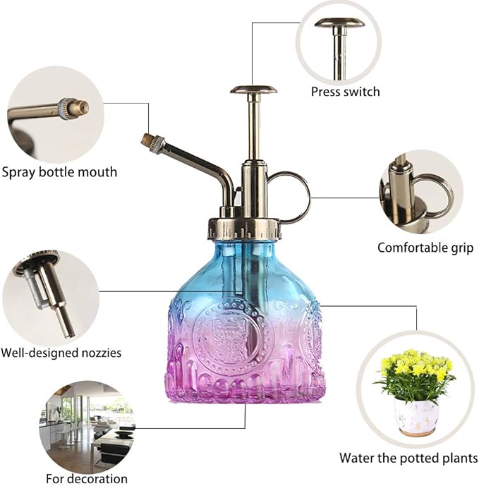 Plant Mister Glass Spray Bottle Small Plant Watering Can 6.4" Tall Retro Indoor Watering Can Bronze Plastic Top Pump for Garden Indoor Plant Sprayer (Blue Violet Gradient)