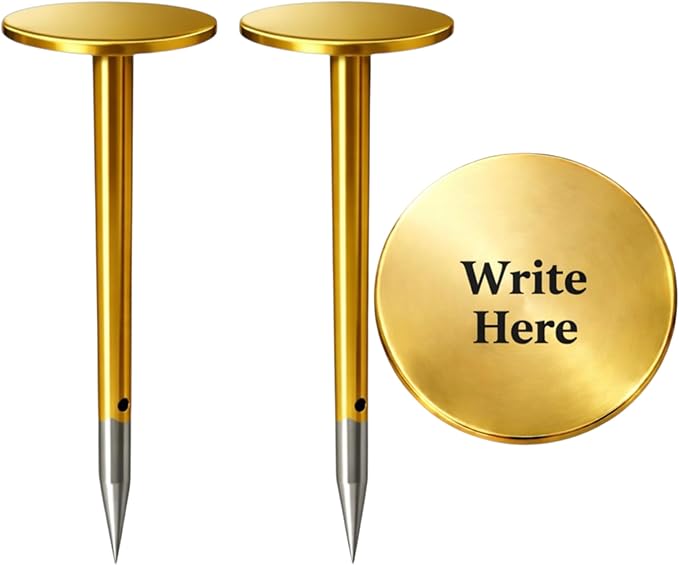 Custom Brass Survey Marker, 6 Inch Length, 2 Inch Head, Stainless Steel Tip, Orange and Yellow, Pack of 4