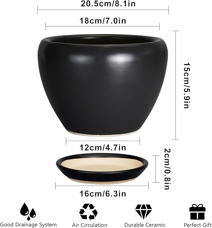 Ceramicfor Ceramic Planter Pot - 8 Inch Plant Pot with Drainage Hole and Saucer Round Planter for Indoor Plants Modern Outdoor Flower Pot for House Balcony Black