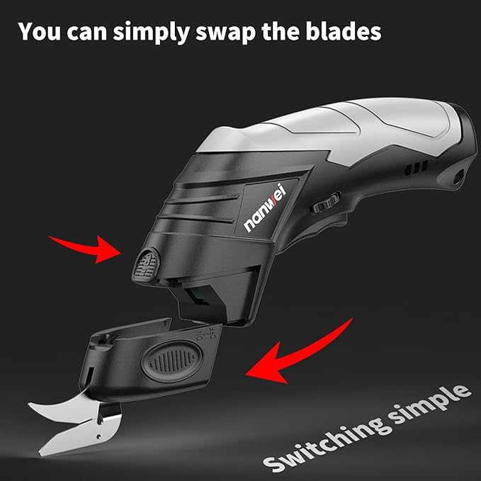 NANWEI Electric Scissors Cordless, Type-C Rechargeable Cardboard Cutter with 2 Blades, 4.2V High‑torque Motor, for Fabric Carpet Leather (Black)