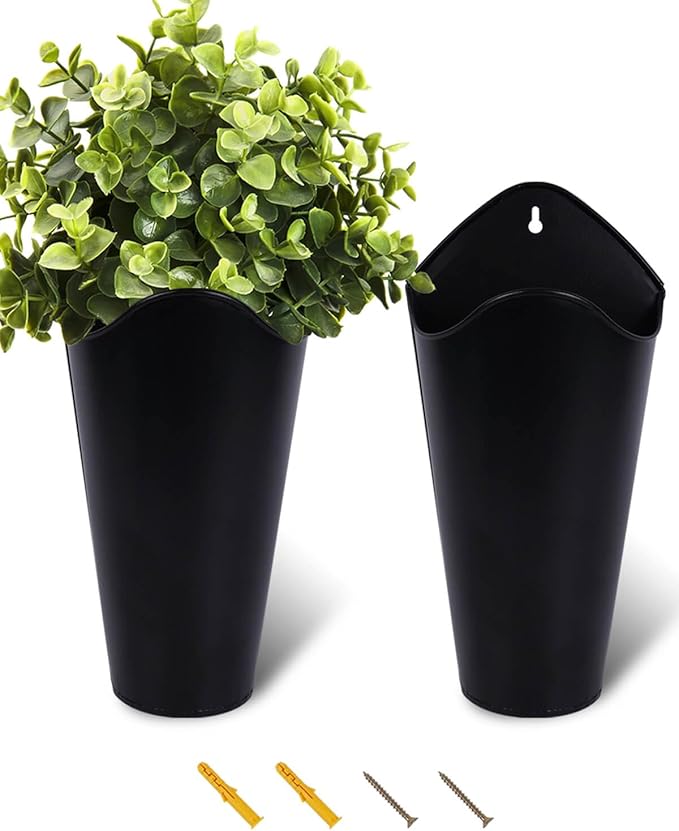 vensovo 12 Inches Galvanized Wall Planters - 2 Packs Metal Tin Vases for Flowers Indoors, Farmhouse Hanging Planter Tall Flower Holder for Country Decor Outdoors, Black