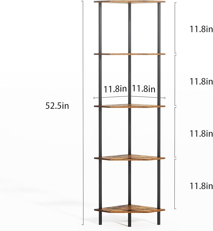 Corner Shelf Stand, Storage Standing Shelf Unit with Metal Frame, Narrow Bookshelf with LED Light Brown Plant Display Stand, Multi Unit Organizer Corner Cabinet for Bedroom, Living Room (5 Tier)