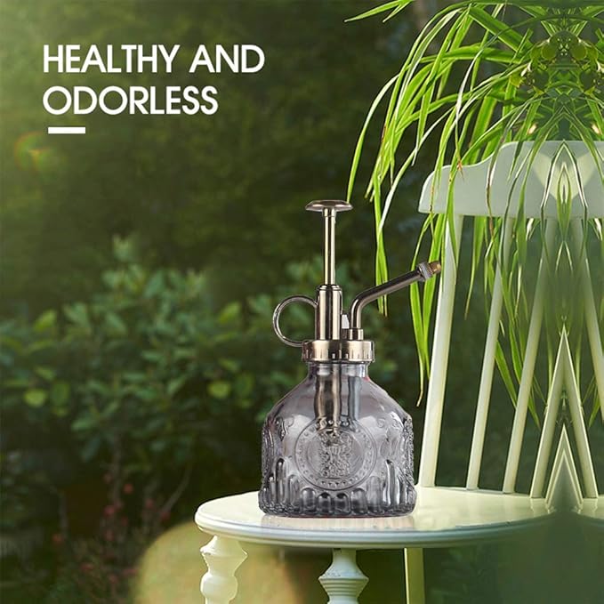 Plant Mister Glass Spray Bottle Small Plant Watering Can 6.4" Tall Retro Indoor Watering Can Bronze Plastic Top Pump for Garden Indoor Plant Sprayer (Grey)