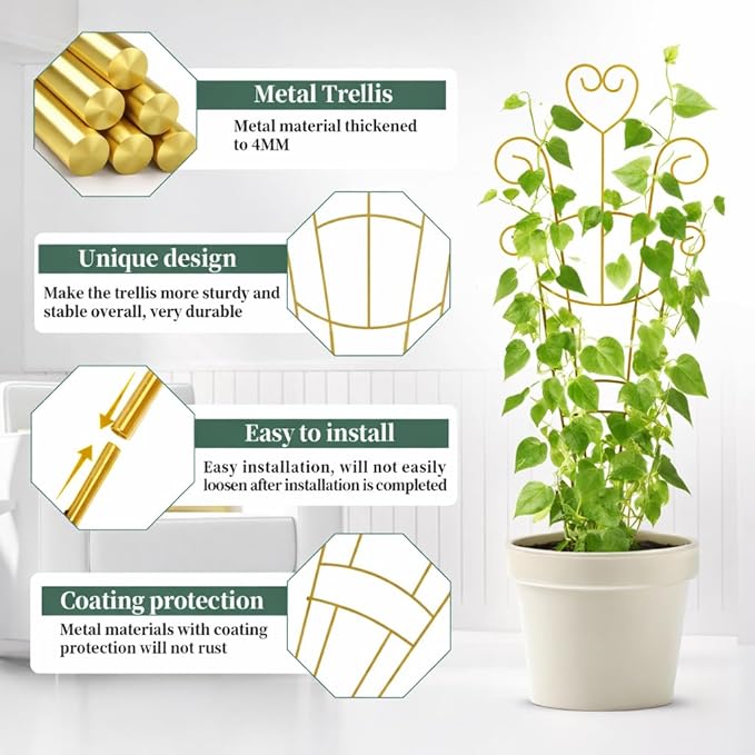 30 Inch Plant Trellis for Climbing Plants Indoor, Outdoor Metal Garden Trellis for Potted Plants, Houseplant Plant Support for Ivy Pothos Monstera Hoya Flower Vine Black Heart (Golden-2pcs)