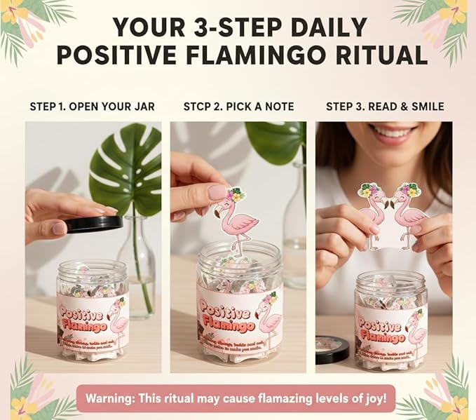 Positive Flamingo Jar with 60 Daily Affirmation Cards, Emotional Support Flamingo Decor, Mini Flamingo Figurines, Birthday Gifts for Women and Friends, Inspirational Desk Present for Coworkers