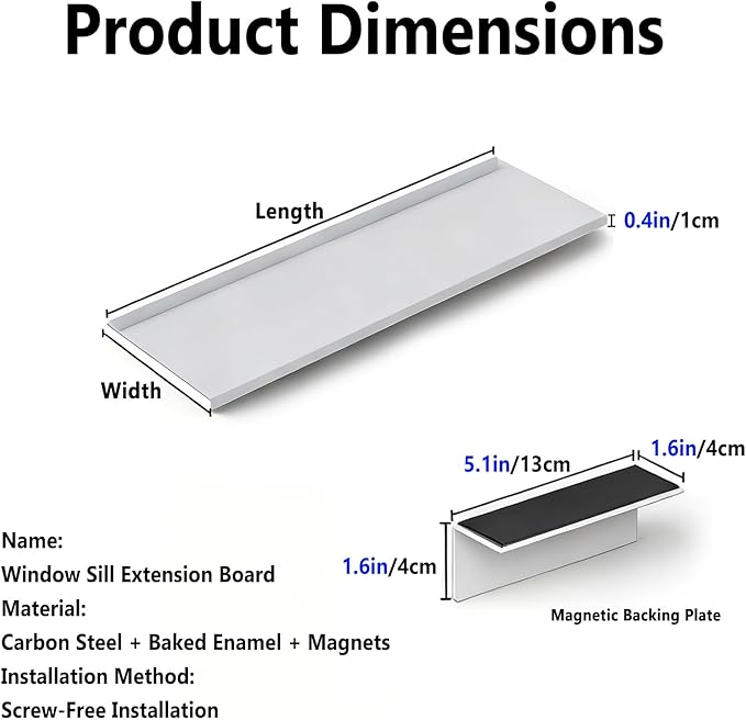 Window Sill Plant Shelf for Balcony, Waterproof Carbon Steel Windowsill Extender Plate, Kitchen Extension Table Magnetic White(8x16in/20x40cm)