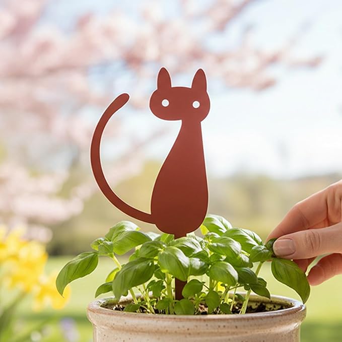 Elegant Cat Metal Garden Stake – Powder-Coated Steel Plant Pick for Pots & Planters, Rustic Indoor/Outdoor Decorative Accent