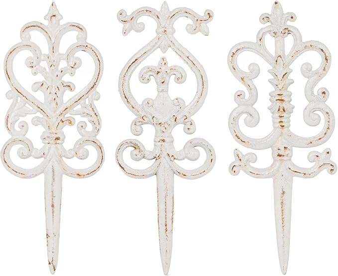 Sungmor Vintage Cast Iron Garden Stakes - 3PCS Ornate Metal Plant Stakes for Yard Art, Patio,Lawn Ornamentation,5.3inch Tall Antique White Finish,Exquisite Garden Decor