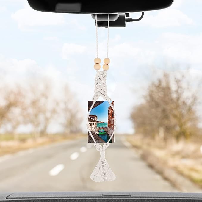 JenPen 4 Pcs Car Picture Hanger Frames Macrame Holder for Car Photo Display Bohemian Hanging Accessories Rearview Mirror Pendant Ornaments Boho Wall Decor