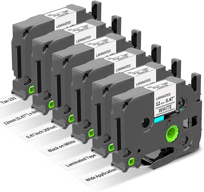 Freshworld 6-Pack Replace for Brother Label Maker Refills TZe-231 12mm 0.47 Black Ink on White Tape Laminated Compatible with Brother Label Maker Tape for P-Touch PTD210 D220 H110 H111 D410 610BT CUBE