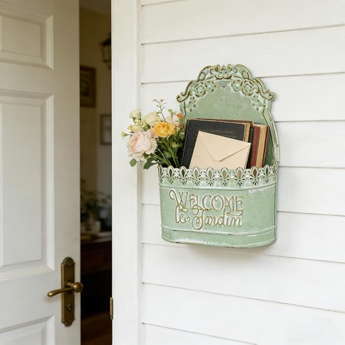 Metal Hanging Planters Wall Mount Planter Wall Vases for Flowers Shabby Chic Decor for Rustic Farmhouse Outdoor Decor Green