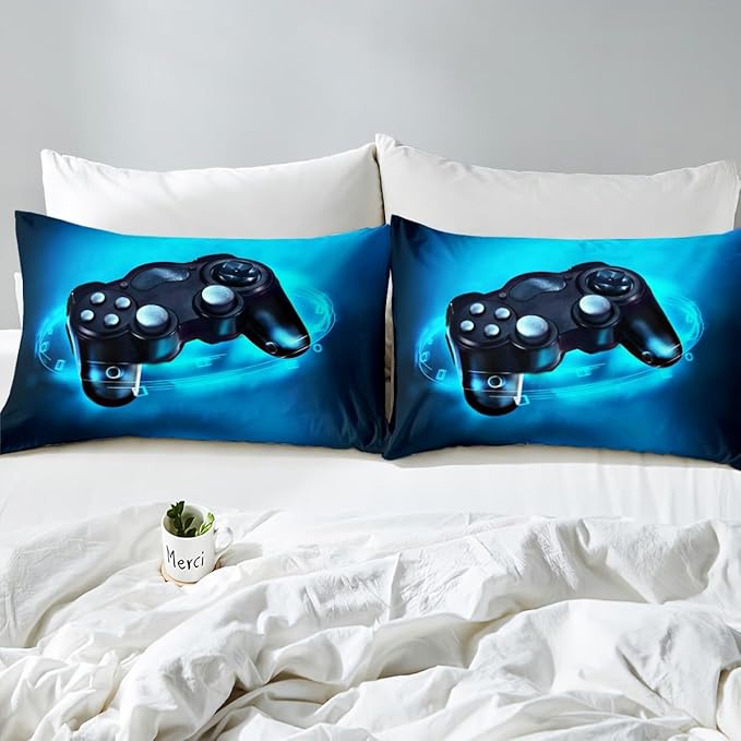 Feelyou Gamer Bedding Set Queen Size for Boys Kids Bed Sheet Set Gaming Video Game Sheets Set Lightweight Breathable Men Teens Game Room Decor Sheet, 1 Fitted Sheet + 1 Flat Sheet + 2 Pillow Case