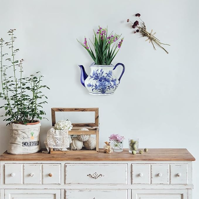 Blue & White Porcelain Wall Vase,Water Bottle Shape Hydroponic Vase Wall Planter for Indoor, Outdoor (D)